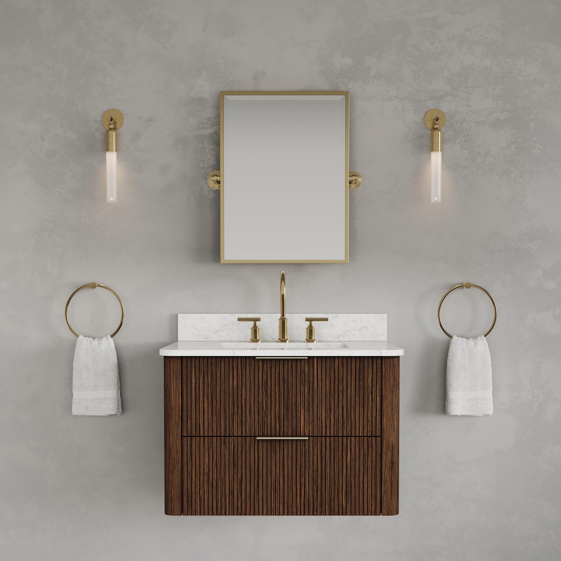 Eureka 30in Single Sink Freestanding Truffle Oak Bath Vanity with Carrara White Engineered Stone Top Pre-Assembled | Water Creation