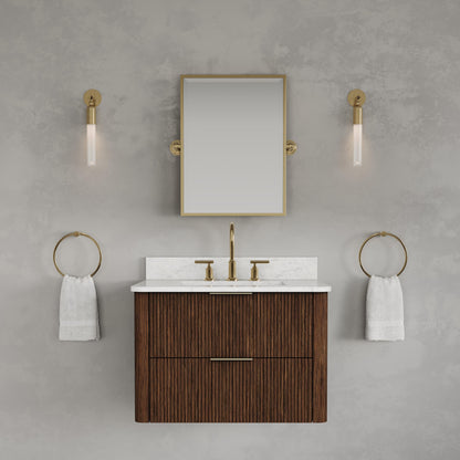 Eureka 30in Single Sink Freestanding Truffle Oak Bath Vanity with Carrara White Engineered Stone Top Pre-Assembled | Water Creation