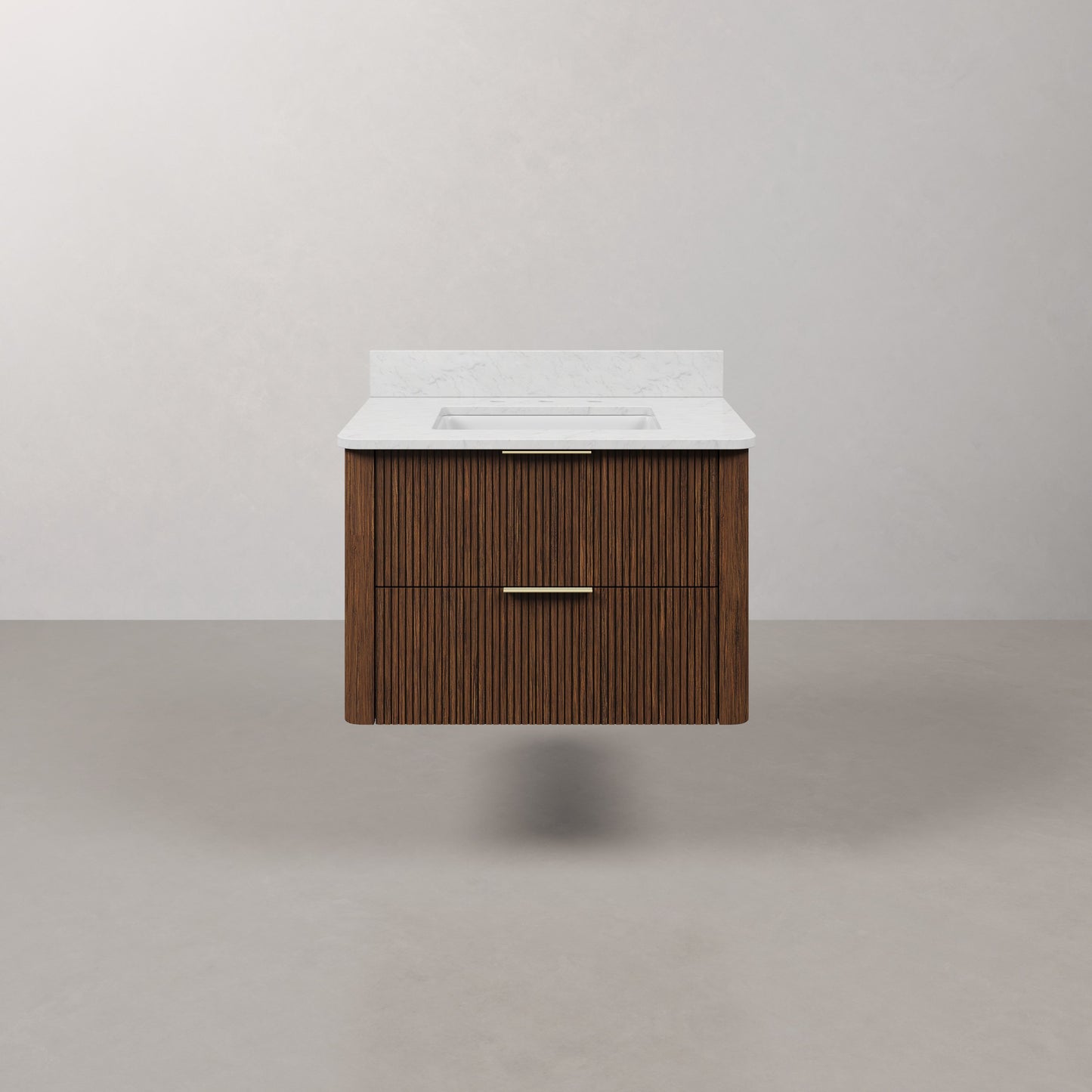 Eureka 30in Single Sink Freestanding Truffle Oak Bath Vanity with Carrara White Engineered Stone Top Pre-Assembled | Water Creation