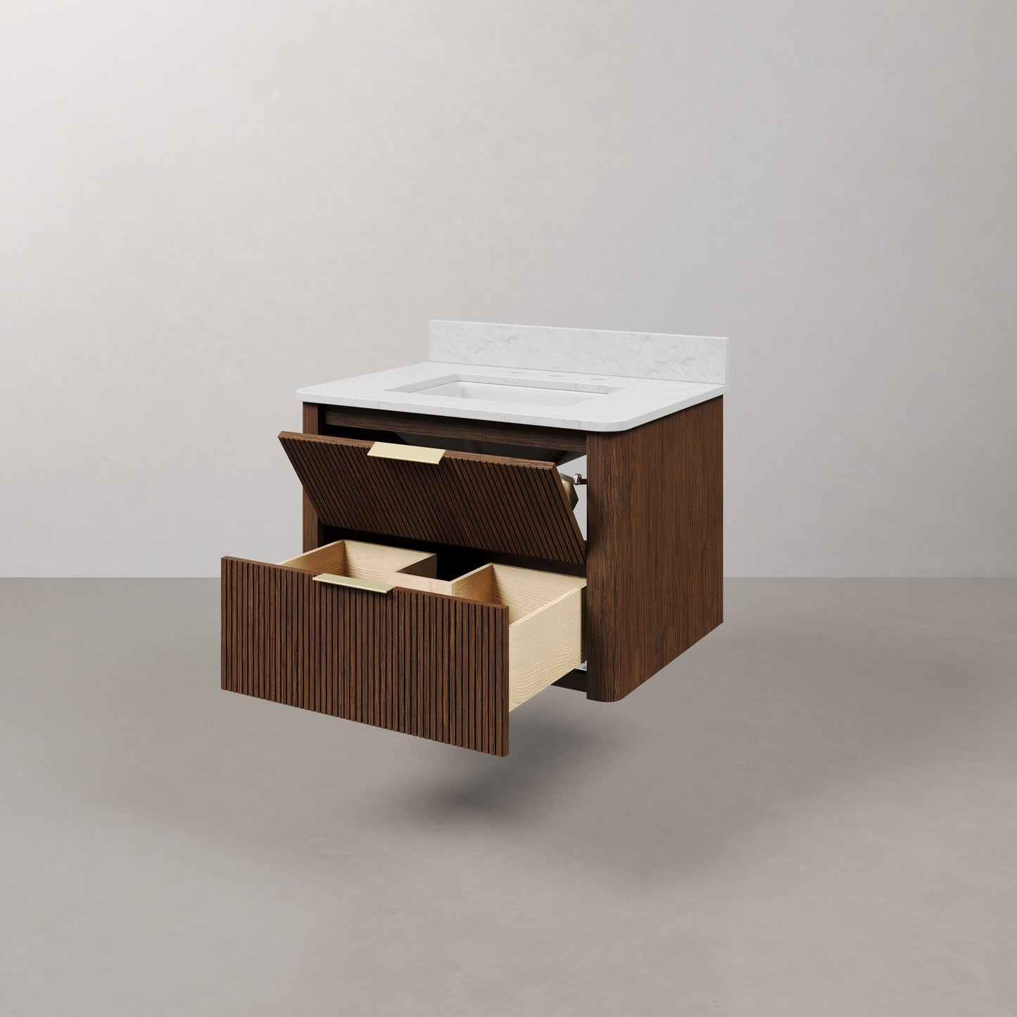 Eureka 30in Single Sink Freestanding Truffle Oak Bath Vanity with Carrara White Engineered Stone Top Pre-Assembled | Water Creation