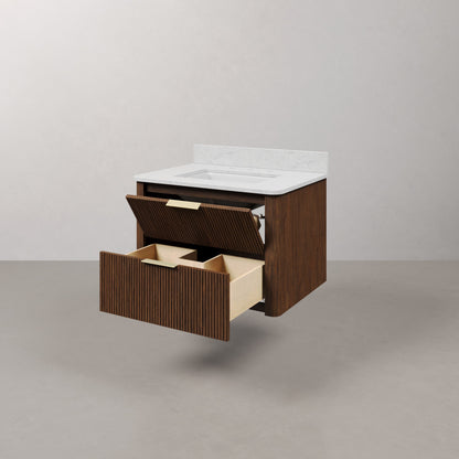 Eureka 30in Single Sink Freestanding Truffle Oak Bath Vanity with Carrara White Engineered Stone Top Pre-Assembled | Water Creation