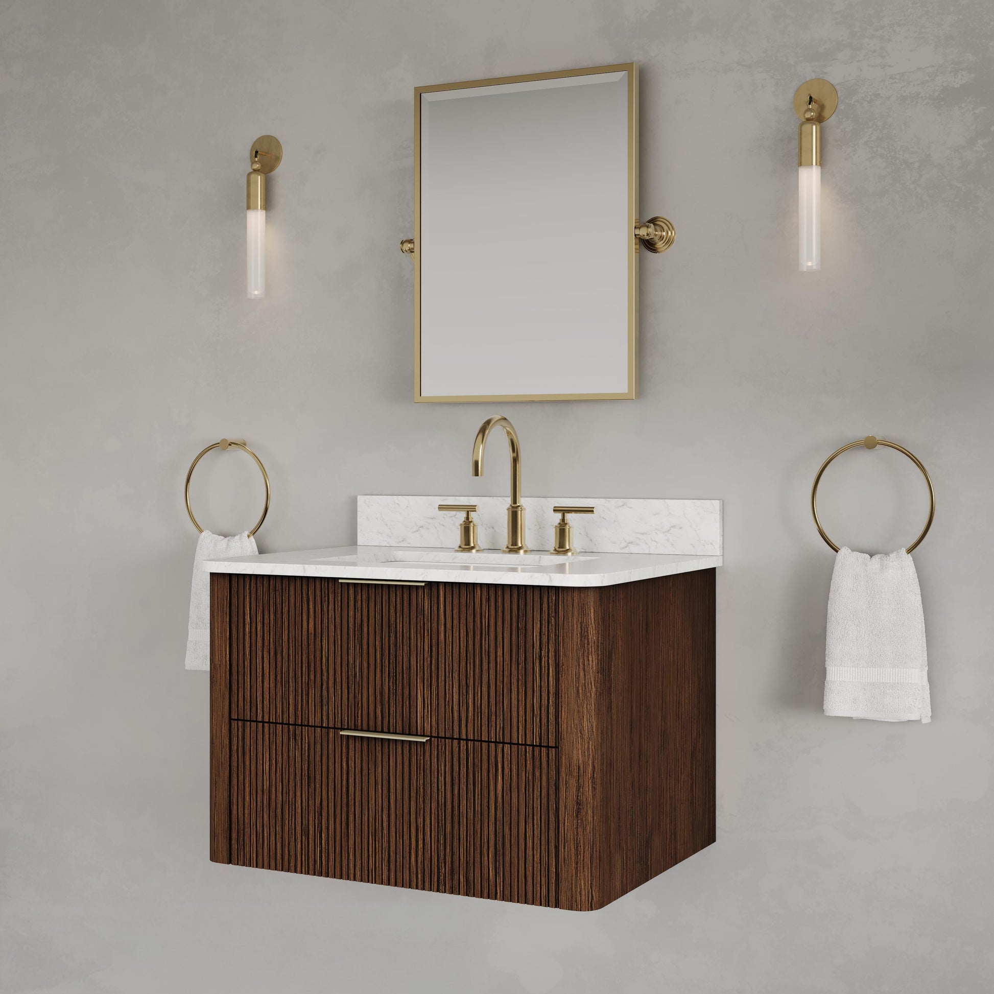 Eureka 30in Single Sink Freestanding Truffle Oak Bath Vanity with Carrara White Engineered Stone Top Pre-Assembled | Water Creation