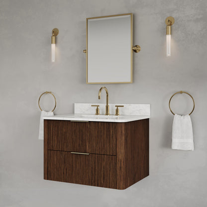 Eureka 30in Single Sink Freestanding Truffle Oak Bath Vanity with Carrara White Engineered Stone Top Pre-Assembled | Water Creation