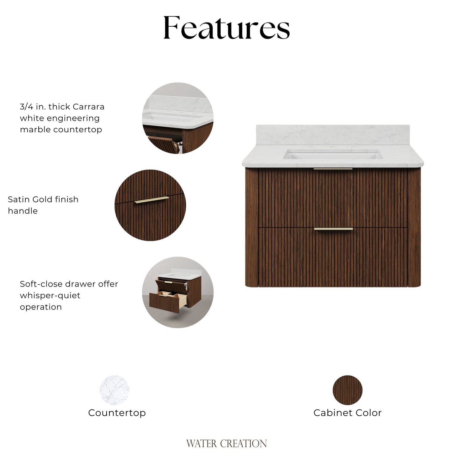 Eureka 30in Single Sink Freestanding Truffle Oak Bath Vanity with Carrara White Engineered Stone Top Pre-Assembled | Water Creation