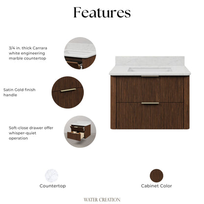 Eureka 30in Single Sink Freestanding Truffle Oak Bath Vanity with Carrara White Engineered Stone Top Pre-Assembled | Water Creation