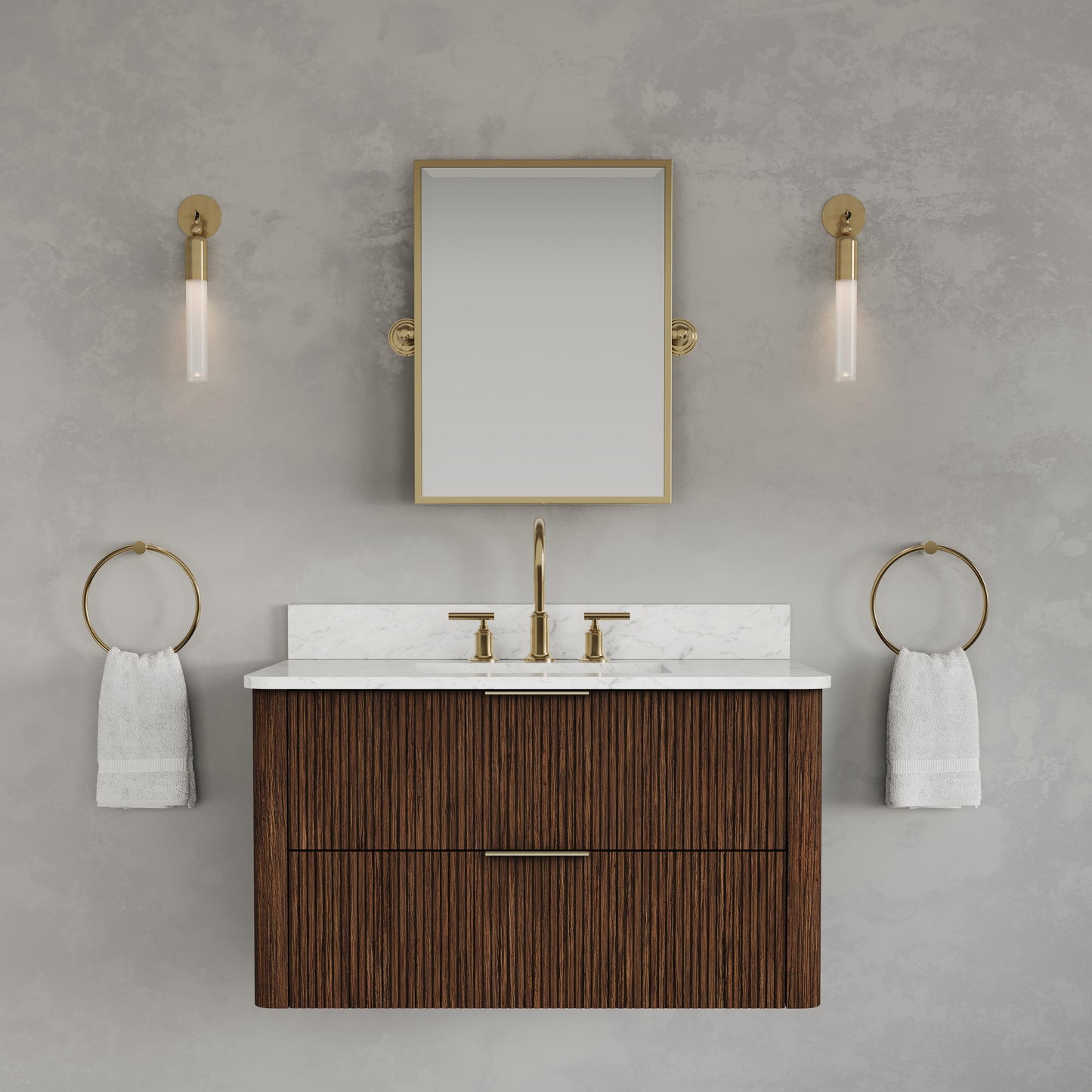 Eureka 36in Single Sink Freestanding Truffle Oak Bath Vanity with Carrara White Engineered Stone Top Pre-Assembled | Water Creation