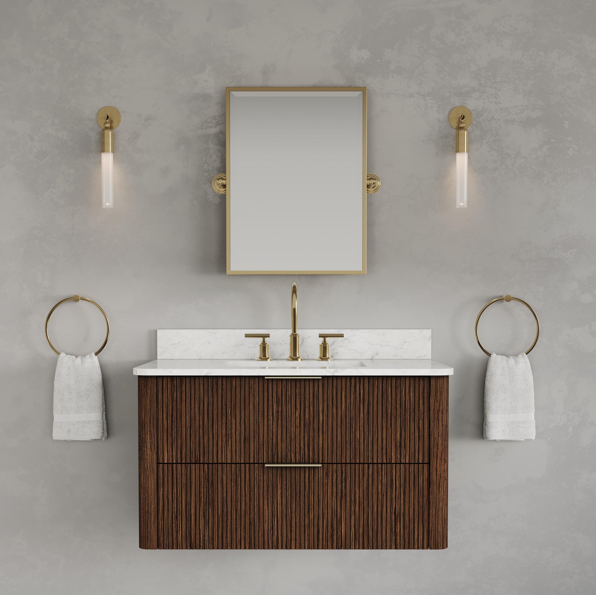 Eureka 36in Single Sink Freestanding Truffle Oak Bath Vanity with Carrara White Engineered Stone Top Pre-Assembled | Water Creation