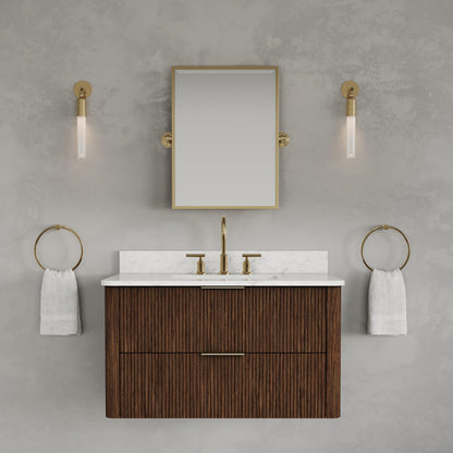 Eureka 36in Single Sink Freestanding Truffle Oak Bath Vanity with Carrara White Engineered Stone Top Pre-Assembled | Water Creation