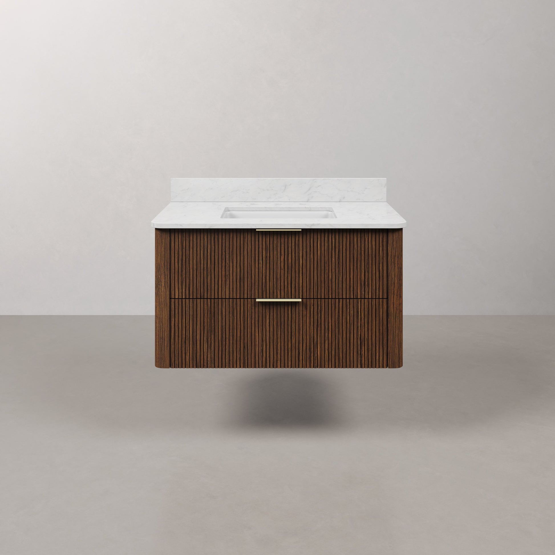 Eureka 36in Single Sink Freestanding Truffle Oak Bath Vanity with Carrara White Engineered Stone Top Pre-Assembled | Water Creation
