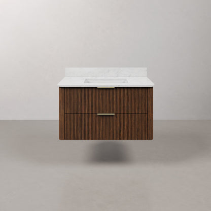 Eureka 36in Single Sink Freestanding Truffle Oak Bath Vanity with Carrara White Engineered Stone Top Pre-Assembled | Water Creation