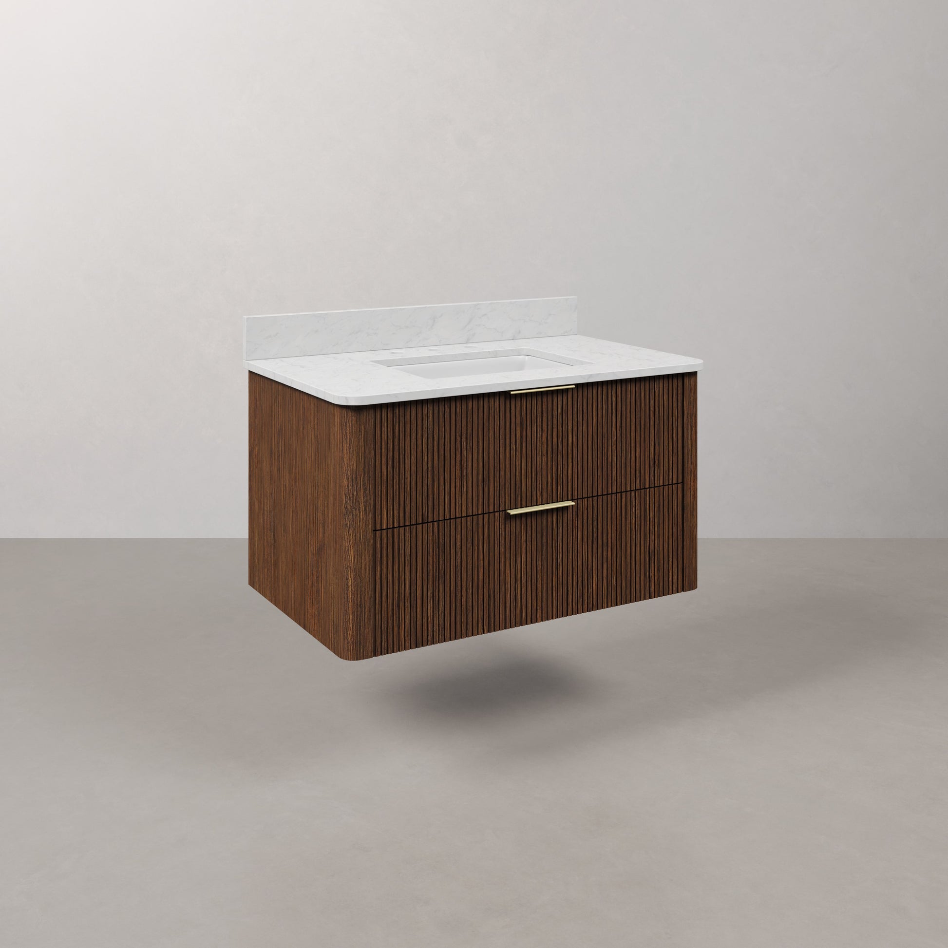 Eureka 36in Single Sink Freestanding Truffle Oak Bath Vanity with Carrara White Engineered Stone Top Pre-Assembled | Water Creation