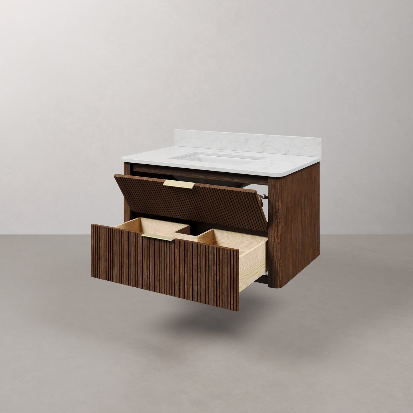 Eureka 36in Single Sink Freestanding Truffle Oak Bath Vanity with Carrara White Engineered Stone Top Pre-Assembled | Water Creation