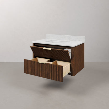 Eureka 36in Single Sink Freestanding Truffle Oak Bath Vanity with Carrara White Engineered Stone Top Pre-Assembled | Water Creation