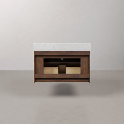 Eureka 36in Single Sink Freestanding Truffle Oak Bath Vanity with Carrara White Engineered Stone Top Pre-Assembled | Water Creation