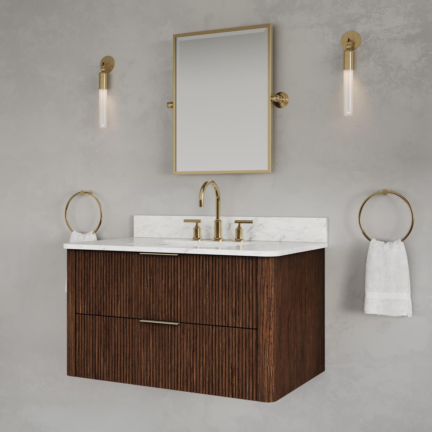 Eureka 36in Single Sink Freestanding Truffle Oak Bath Vanity with Carrara White Engineered Stone Top Pre-Assembled | Water Creation