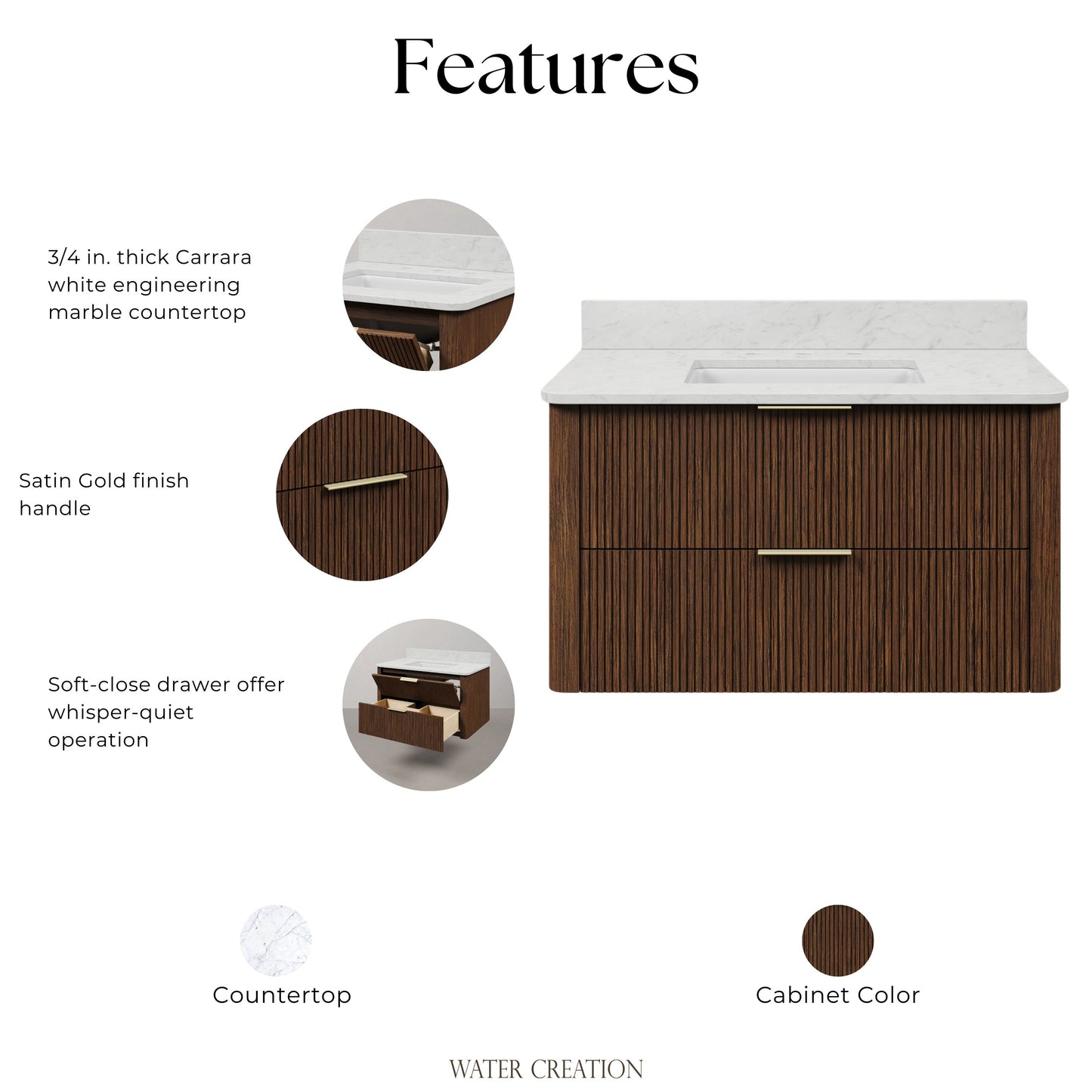 Eureka 36in Single Sink Freestanding Truffle Oak Bath Vanity with Carrara White Engineered Stone Top Pre-Assembled | Water Creation