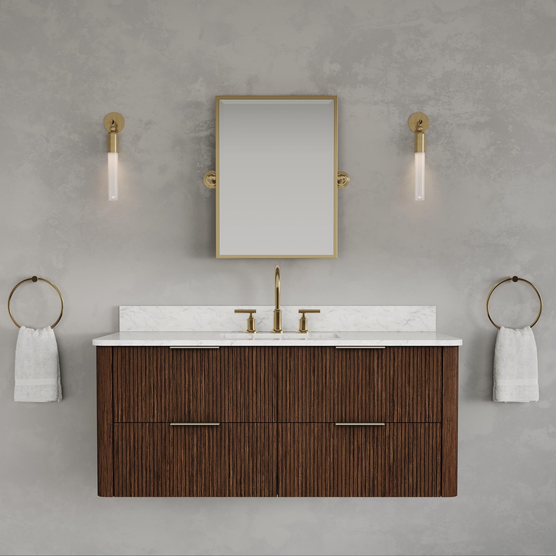 Eureka 48in Single Sink Freestanding Truffle Oak Bath Vanity with Carrara White Engineered Stone Top Pre-Assembled | Water Creation