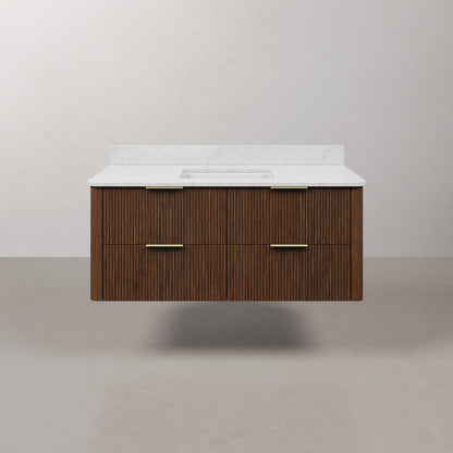Eureka 48in Single Sink Freestanding Truffle Oak Bath Vanity with Carrara White Engineered Stone Top Pre-Assembled | Water Creation