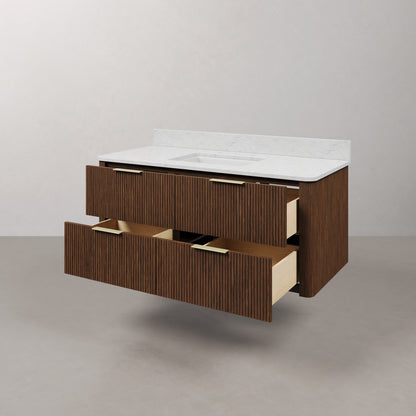 Eureka 48in Single Sink Freestanding Truffle Oak Bath Vanity with Carrara White Engineered Stone Top Pre-Assembled | Water Creation