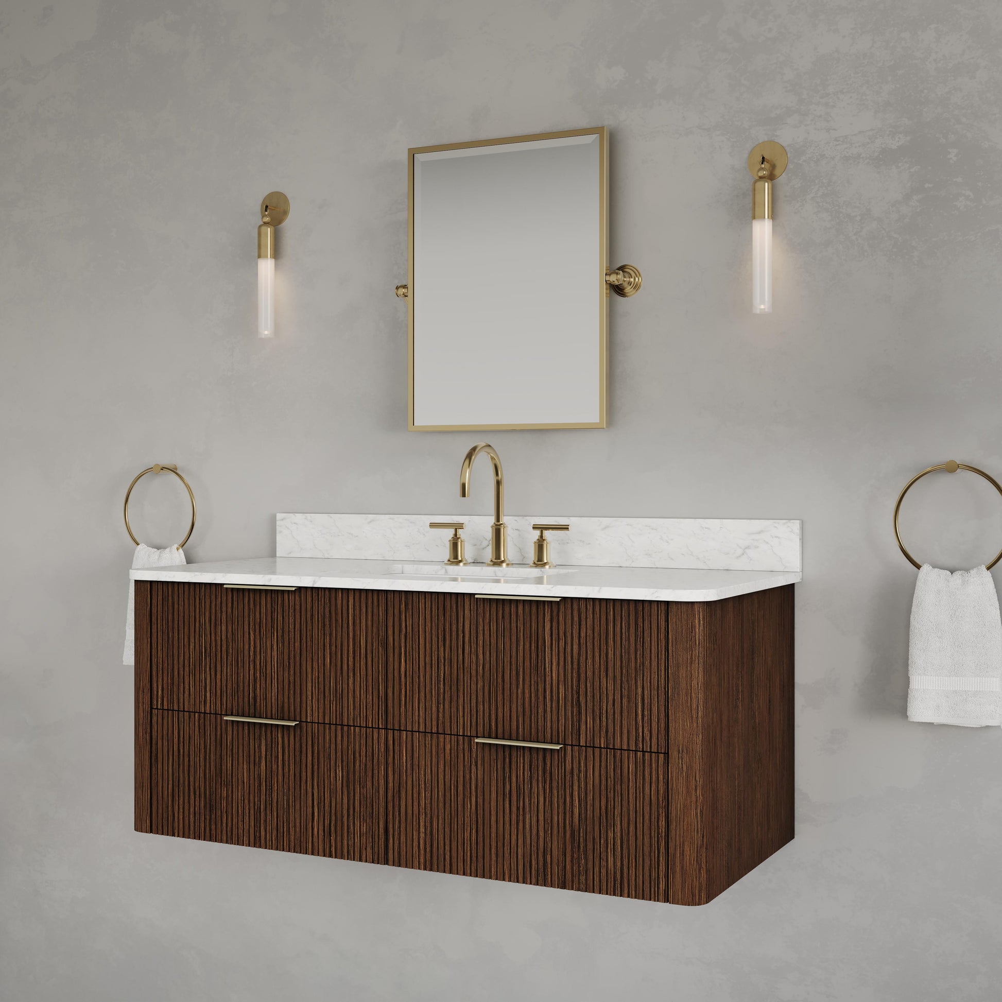 Eureka 48in Single Sink Freestanding Truffle Oak Bath Vanity with Carrara White Engineered Stone Top Pre-Assembled | Water Creation