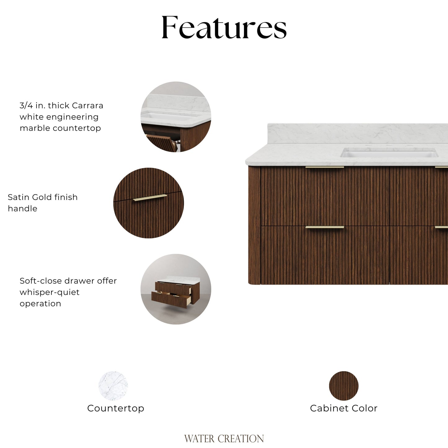 Eureka 48in Single Sink Freestanding Truffle Oak Bath Vanity with Carrara White Engineered Stone Top Pre-Assembled | Water Creation