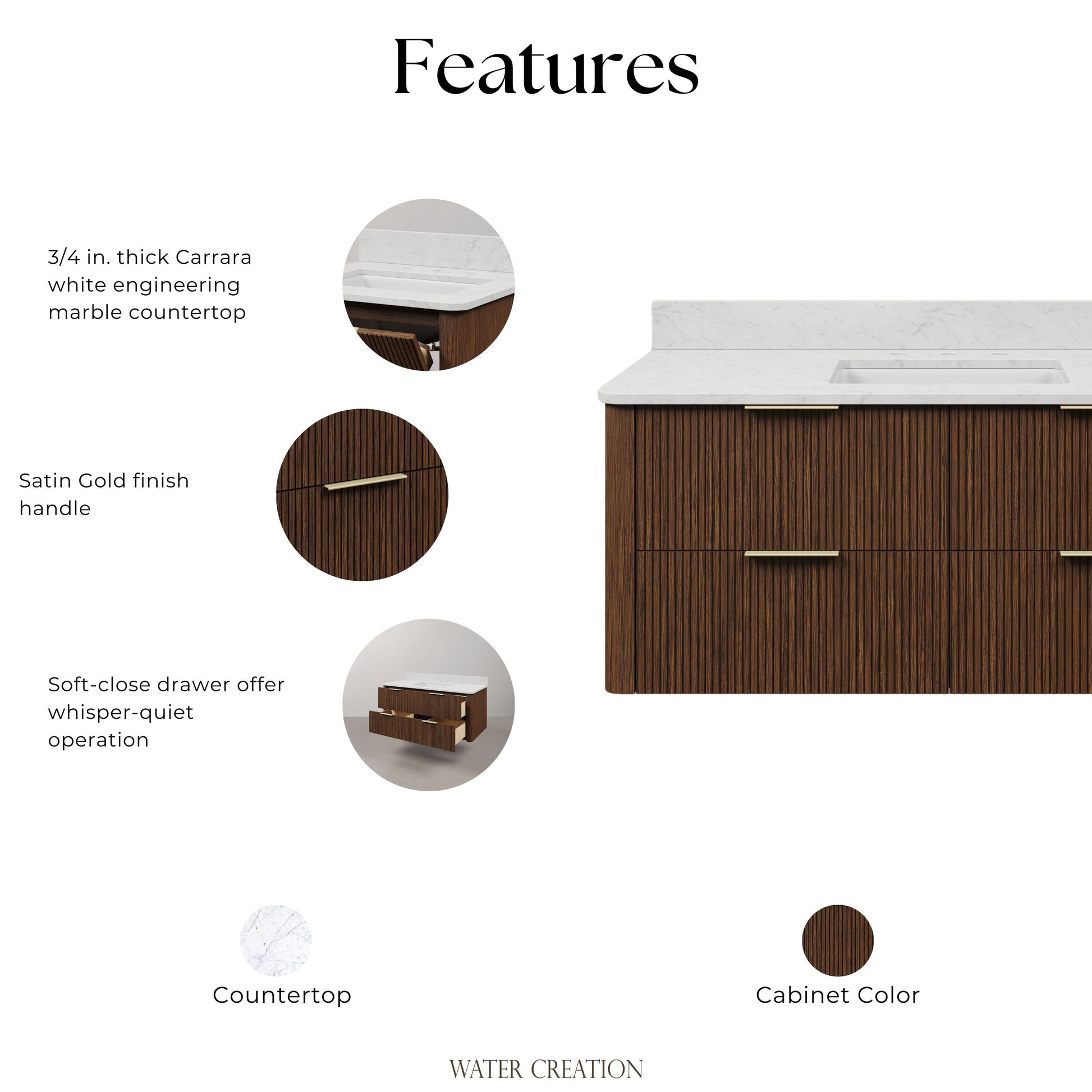 Eureka 48in Single Sink Freestanding Truffle Oak Bath Vanity with Carrara White Engineered Stone Top Pre-Assembled | Water Creation