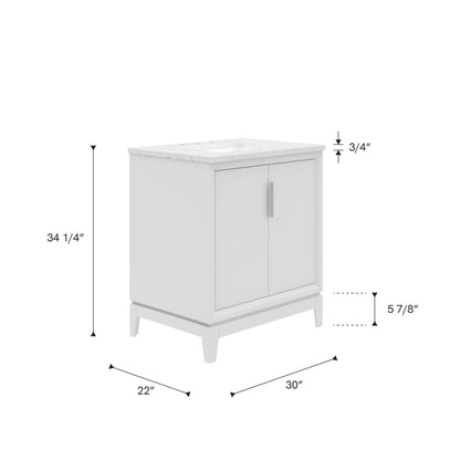 Elizabeth Collection 30 in. Bath Vanity in Pure White With Vanity Top in Carrara White Marble - Vanity Only | Water Creation
