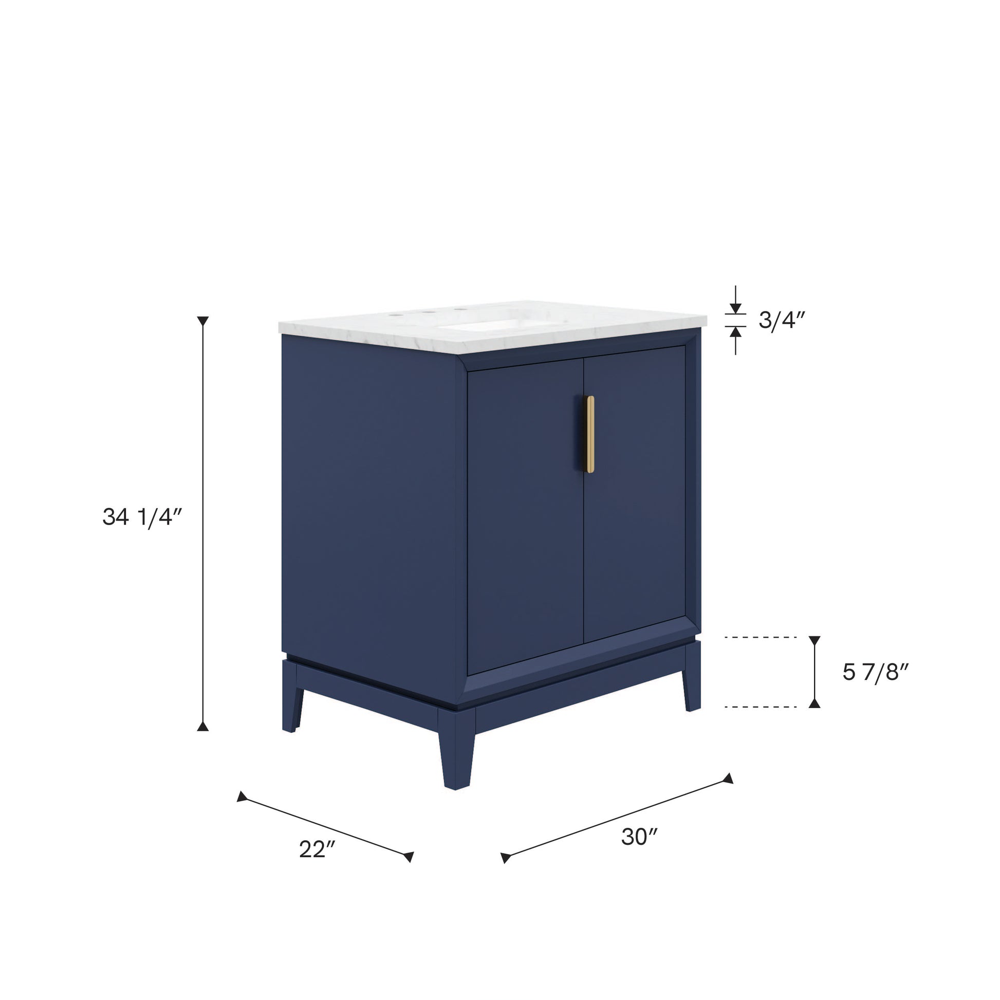 Elizabeth 30 in. Bath Vanity in Monarch Blue with Carrara White Marble Vanity Top with Ceramics White Basins | Water Creation