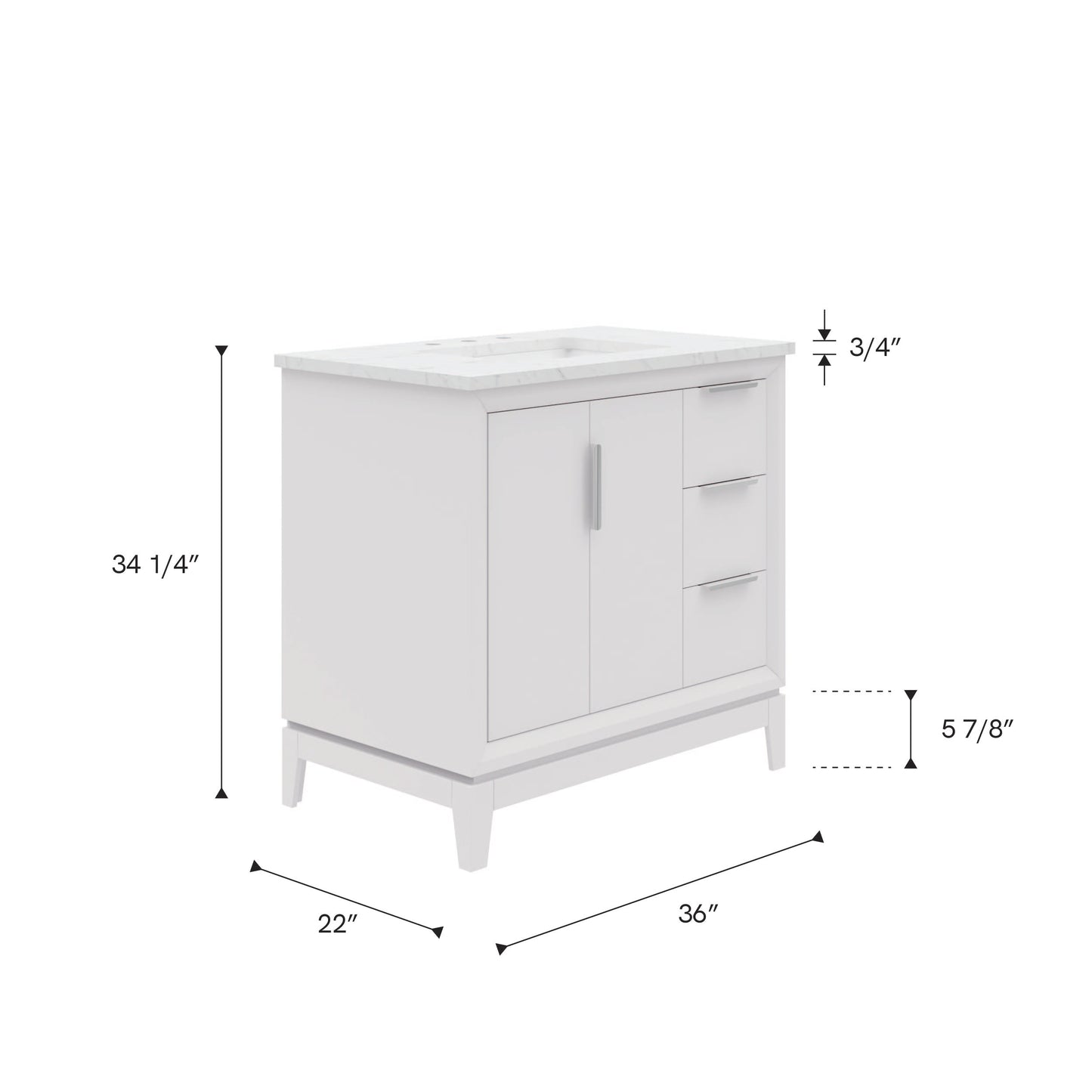 Elizabeth Collection 36 in. Bath Vanity in Pure White With Vanity Top in Carrara White Marble - Vanity Only | Water Creation