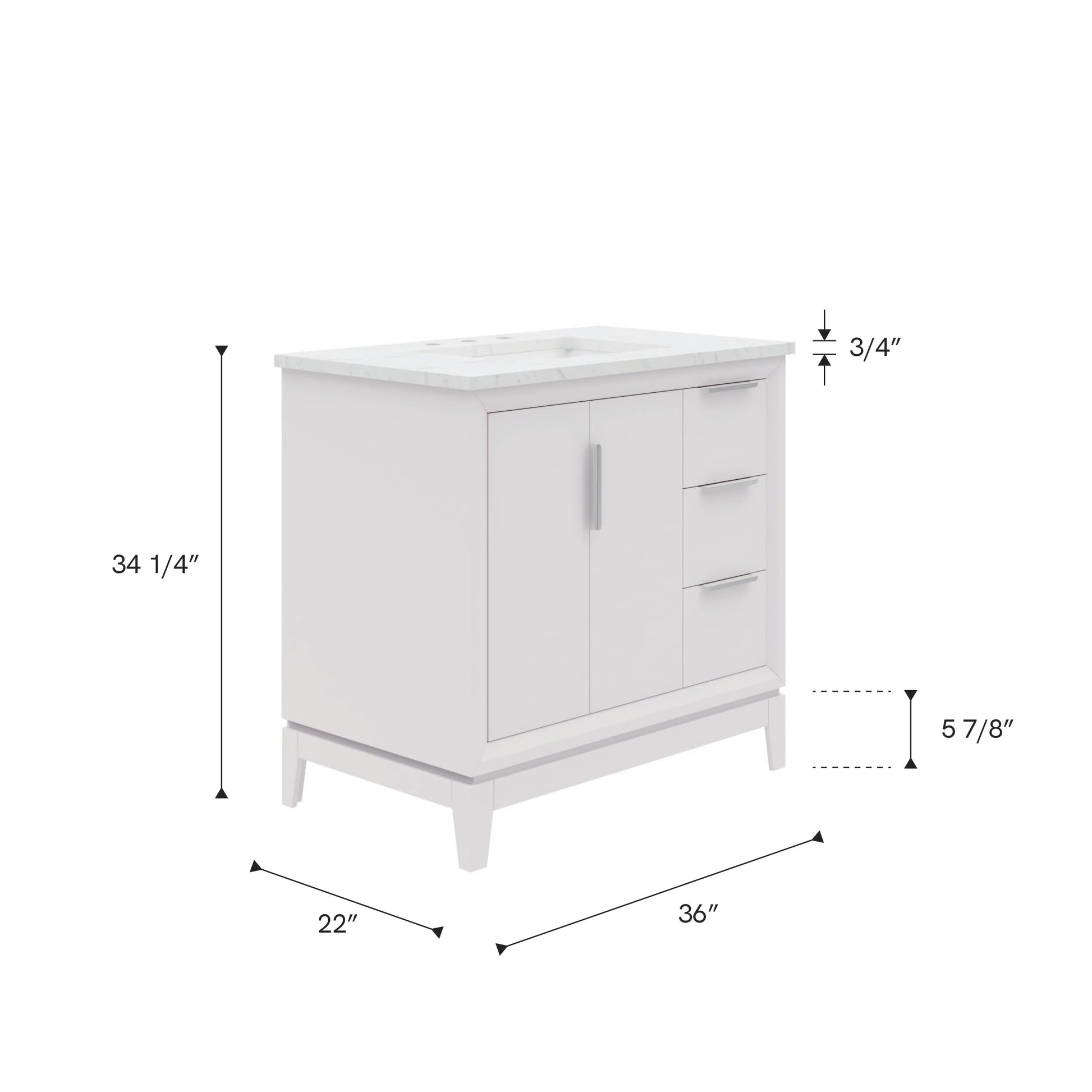 Elizabeth Collection 36 in. Bath Vanity in Pure White With Vanity Top in Carrara White Marble - Vanity Only | Water Creation
