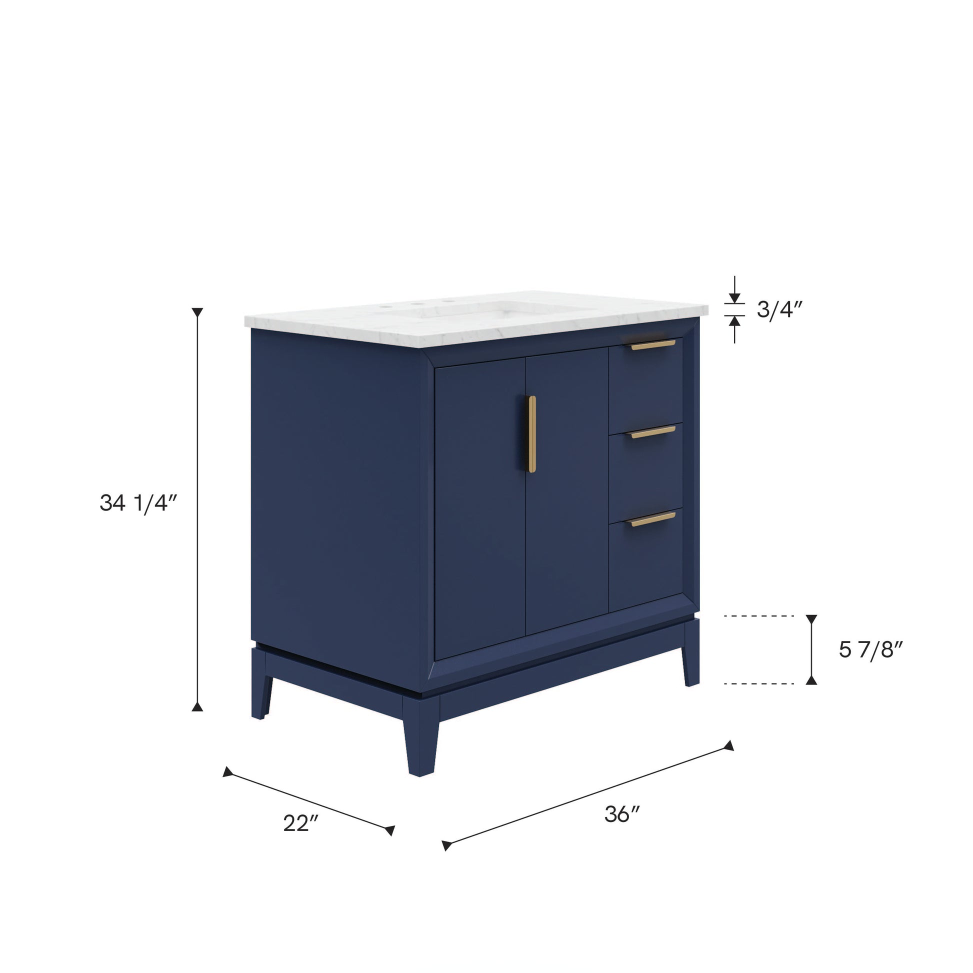 Elizabeth 36 in. Bath Vanity in Monarch Blue with Carrara White Marble Vanity Top with Ceramics White Basins | Water Creation