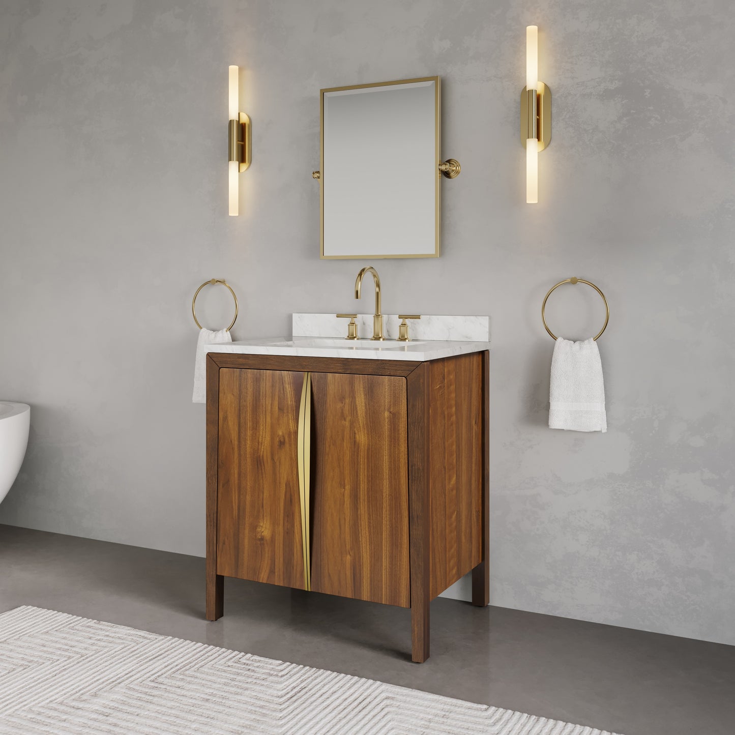 Ferrero 30 in. W  Single Sink Bath Vanity in Noir Juglans with Carrara White Marble Top with White Basin | Water Creation