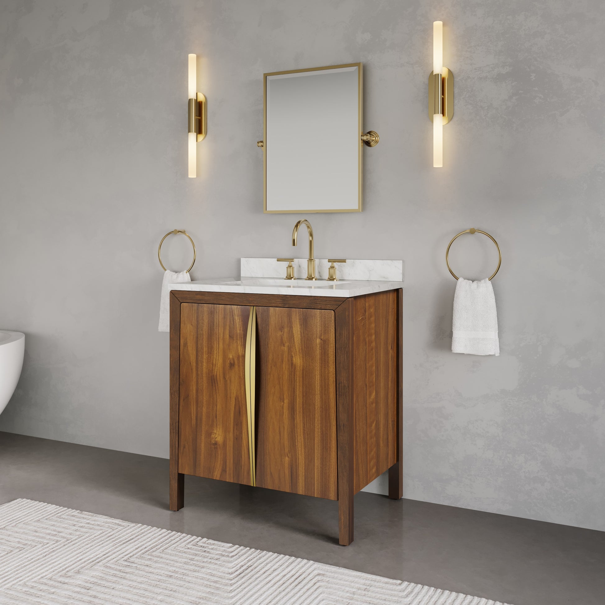 Ferrero 30 in. W  Single Sink Bath Vanity in Noir Juglans with Carrara White Marble Top with White Basin | Water Creation