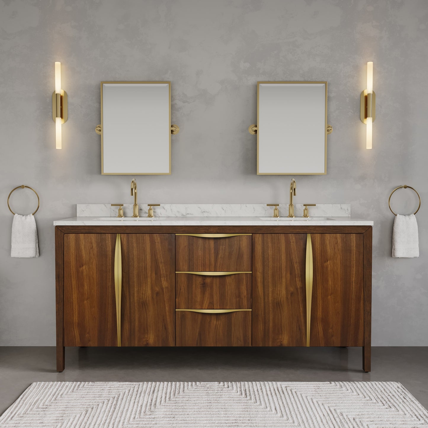 Ferrero 72 in. W Double Sink Bath Vanity in Noir Juglans with Carrara White Marble Top with White Basin | Water Creation