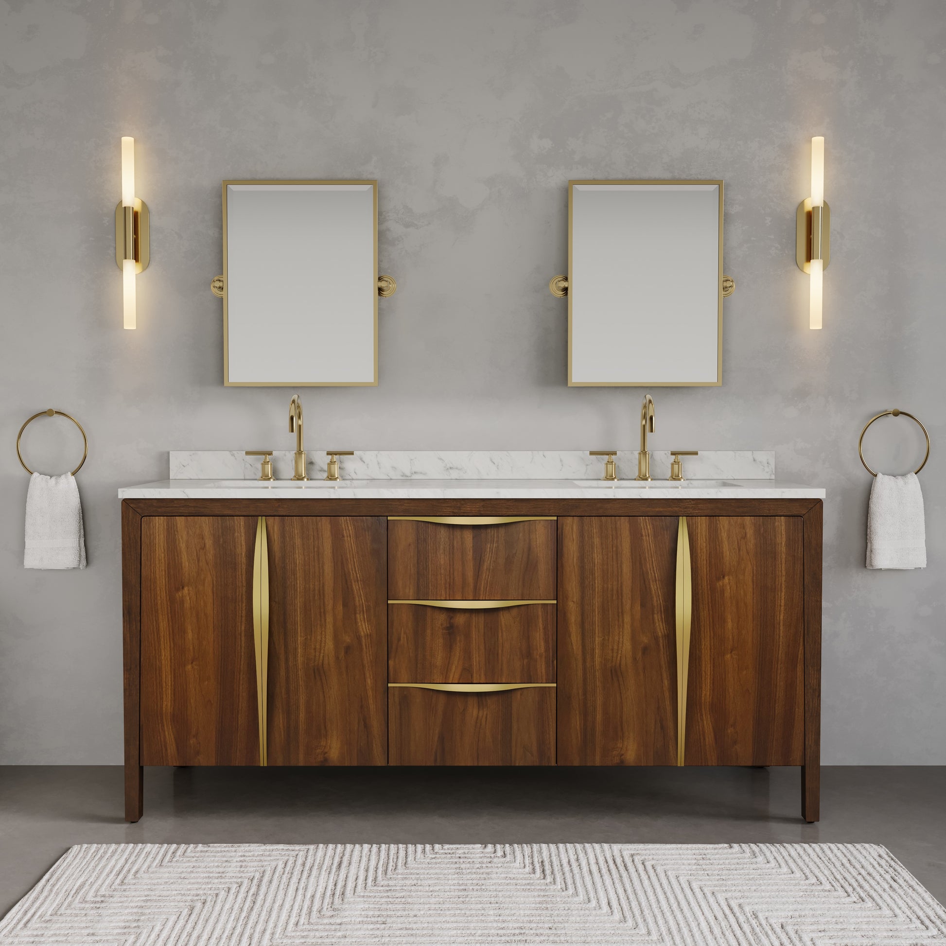 Ferrero 72 in. W Double Sink Bath Vanity in Noir Juglans with Carrara White Marble Top with White Basin | Water Creation