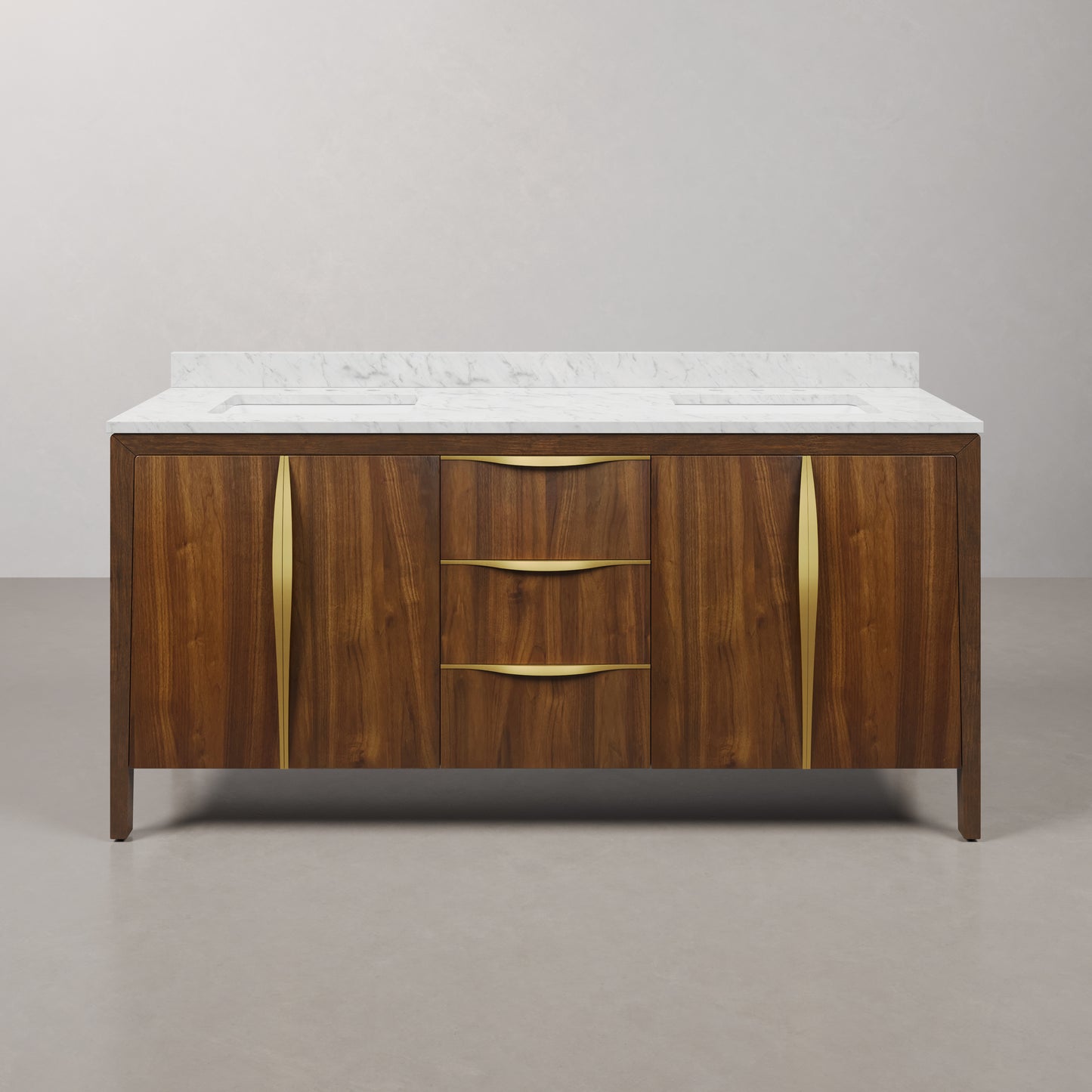 Ferrero 72 in. W Double Sink Bath Vanity in Noir Juglans with Carrara White Marble Top with White Basin | Water Creation