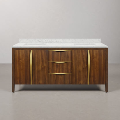 Ferrero 72 in. W Double Sink Bath Vanity in Noir Juglans with Carrara White Marble Top with White Basin | Water Creation