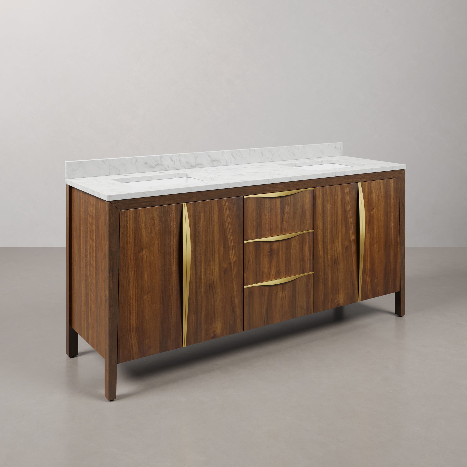 Ferrero 72 in. W Double Sink Bath Vanity in Noir Juglans with Carrara White Marble Top with White Basin | Water Creation