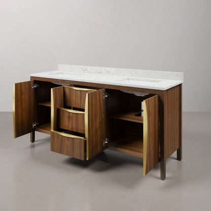 Ferrero 72 in. W Double Sink Bath Vanity in Noir Juglans with Carrara White Marble Top with White Basin | Water Creation