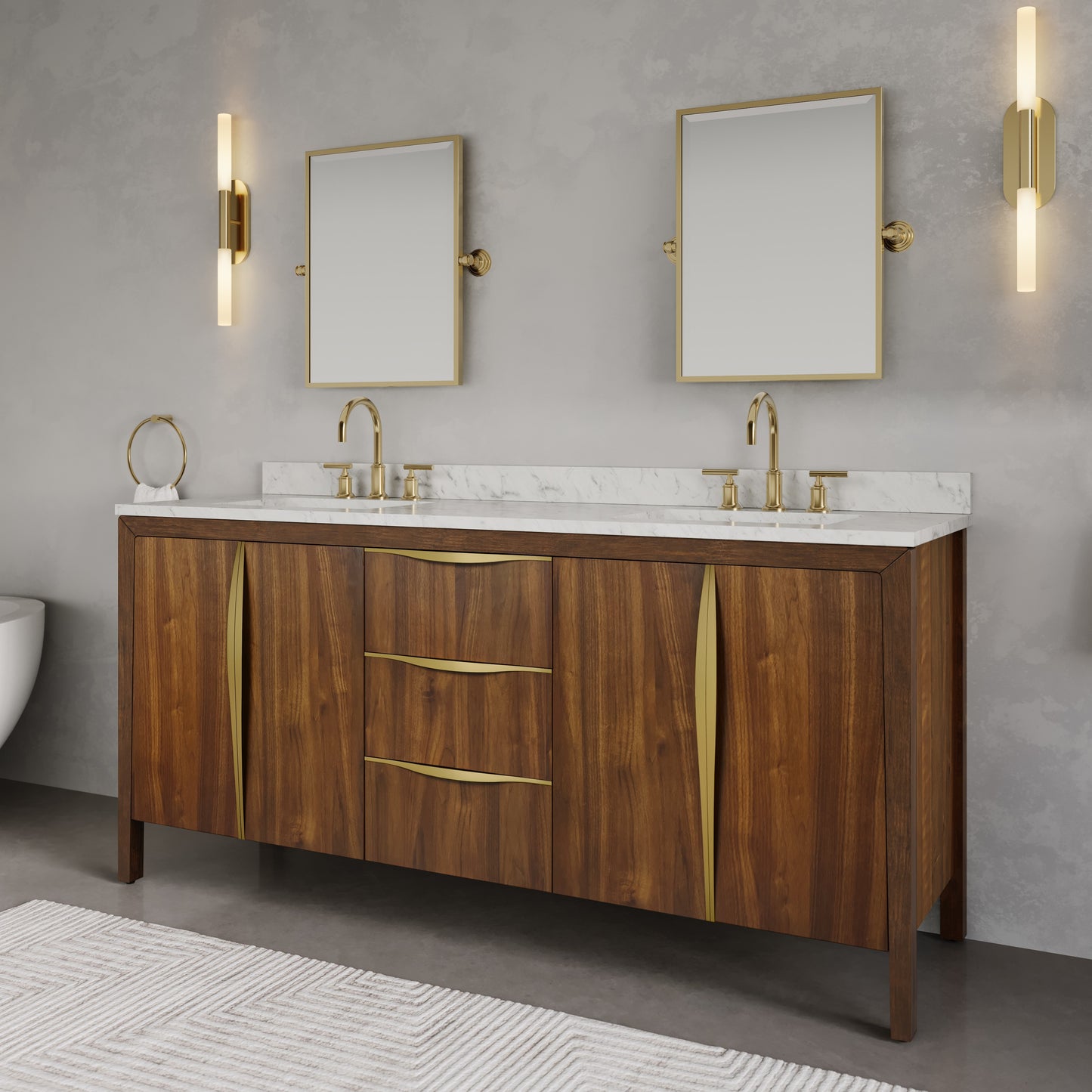 Ferrero 72 in. W Double Sink Bath Vanity in Noir Juglans with Carrara White Marble Top with White Basin | Water Creation