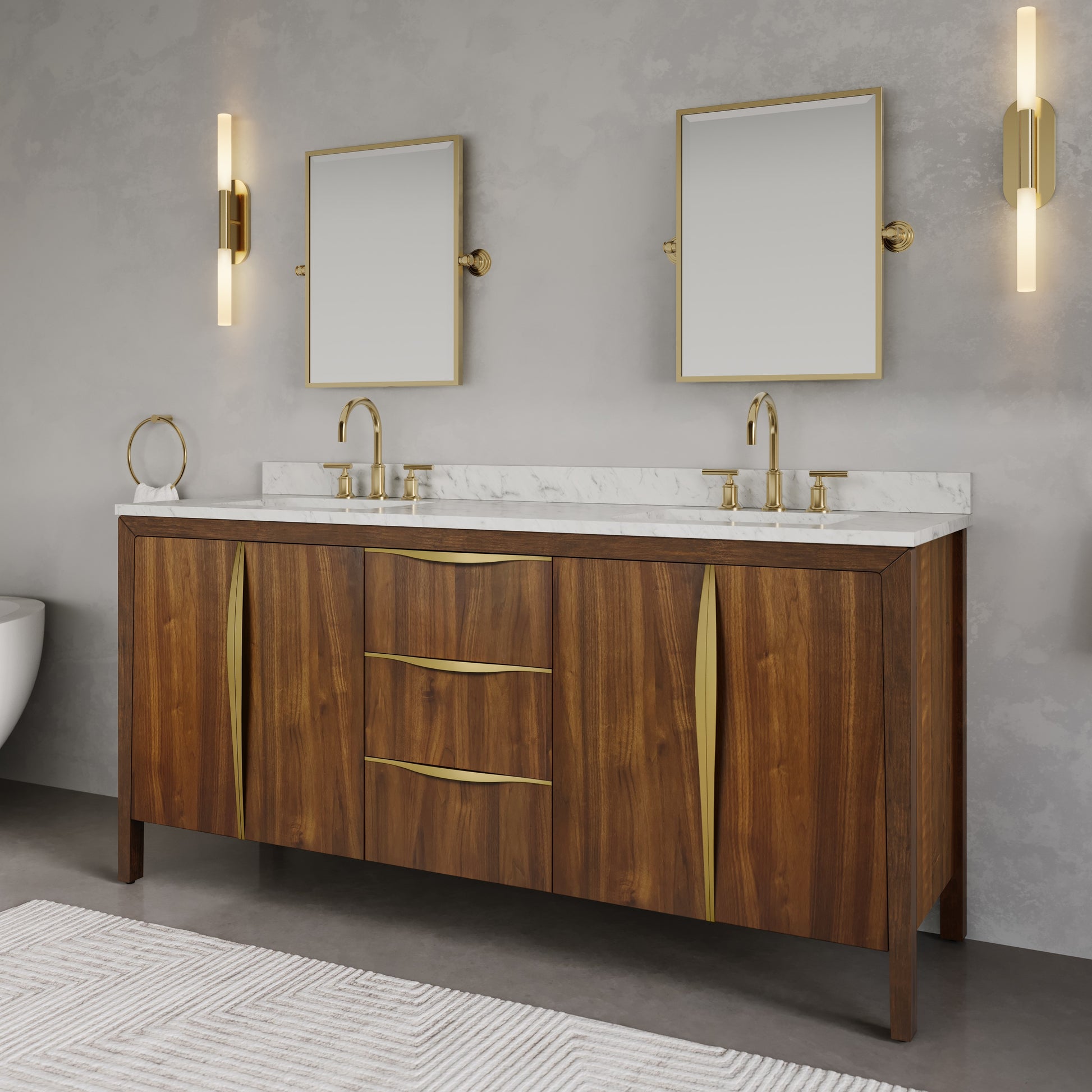 Ferrero 72 in. W Double Sink Bath Vanity in Noir Juglans with Carrara White Marble Top with White Basin | Water Creation