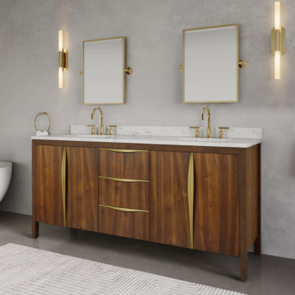 Ferrero 72 in. W Double Sink Bath Vanity in Noir Juglans with Carrara White Marble Top with White Basin | Water Creation