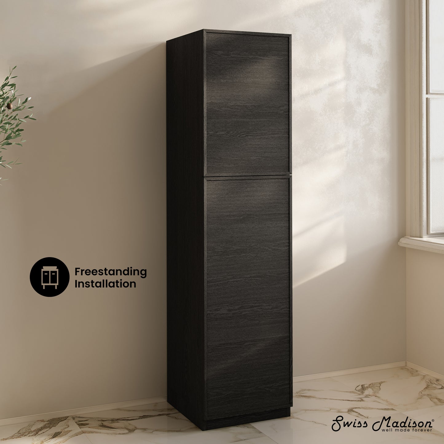 Swiss Madison, St. Tropez 15 x 15 x 60 Freestanding Linen Cabinet in Black Oak