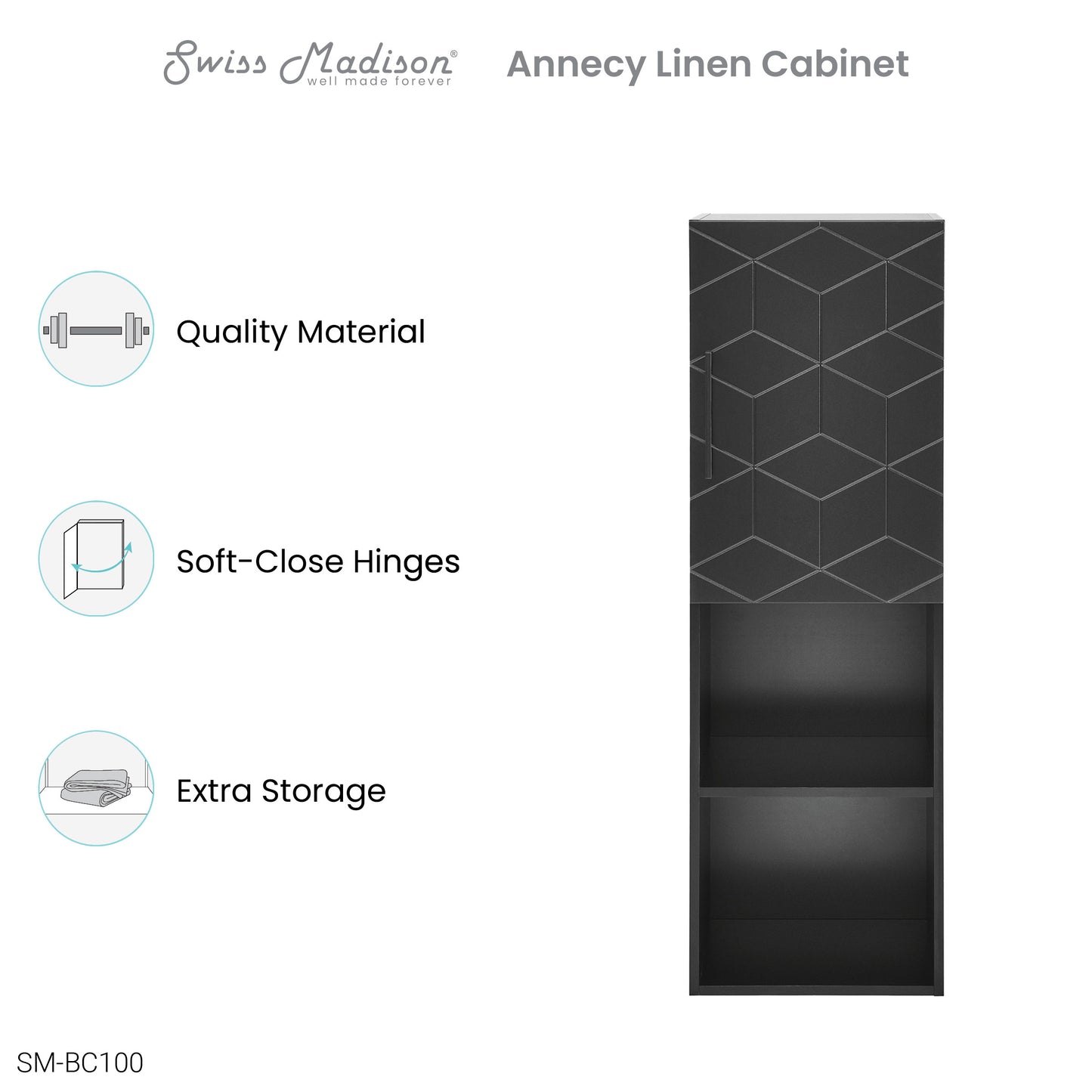 Swiss Madison, Annecy 15" W x 46" H x 12" D  Linen Cabinet in Phantom Black