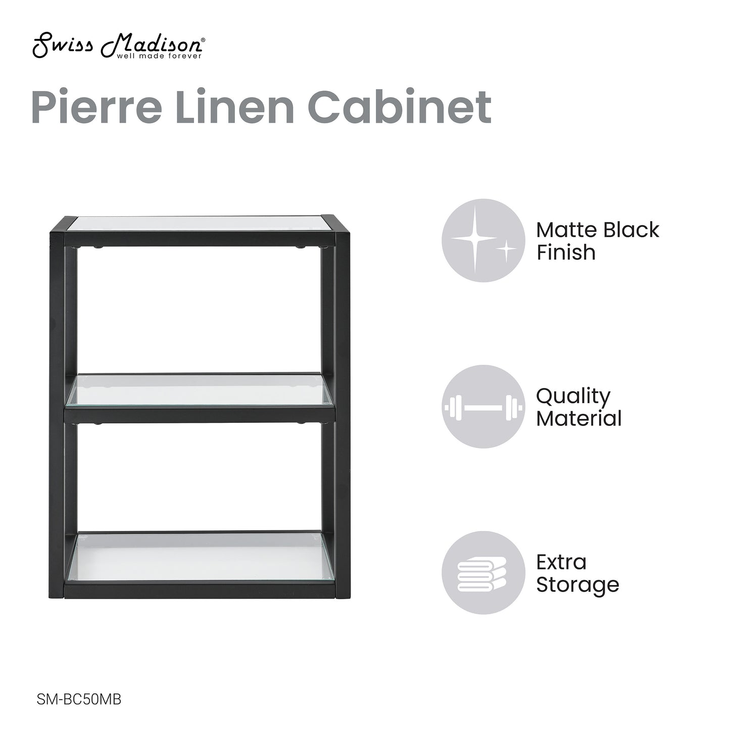 Swiss Madison, Pierre 16"x20"x10" Wall-Mounted Linen Cabinet in Matte Black