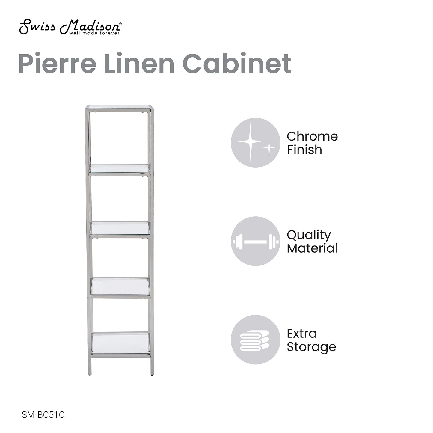 Swiss Madison, Pierre 16"x65"x14" Freestanding Linen Cabinet in Chrome