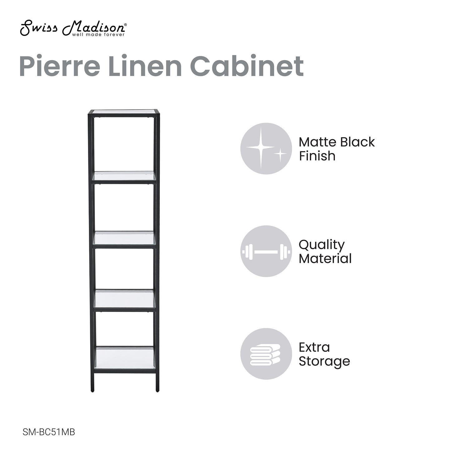 Swiss Madison, Pierre 16"x65"x14" Freestanding Linen Cabinet in Matte Black