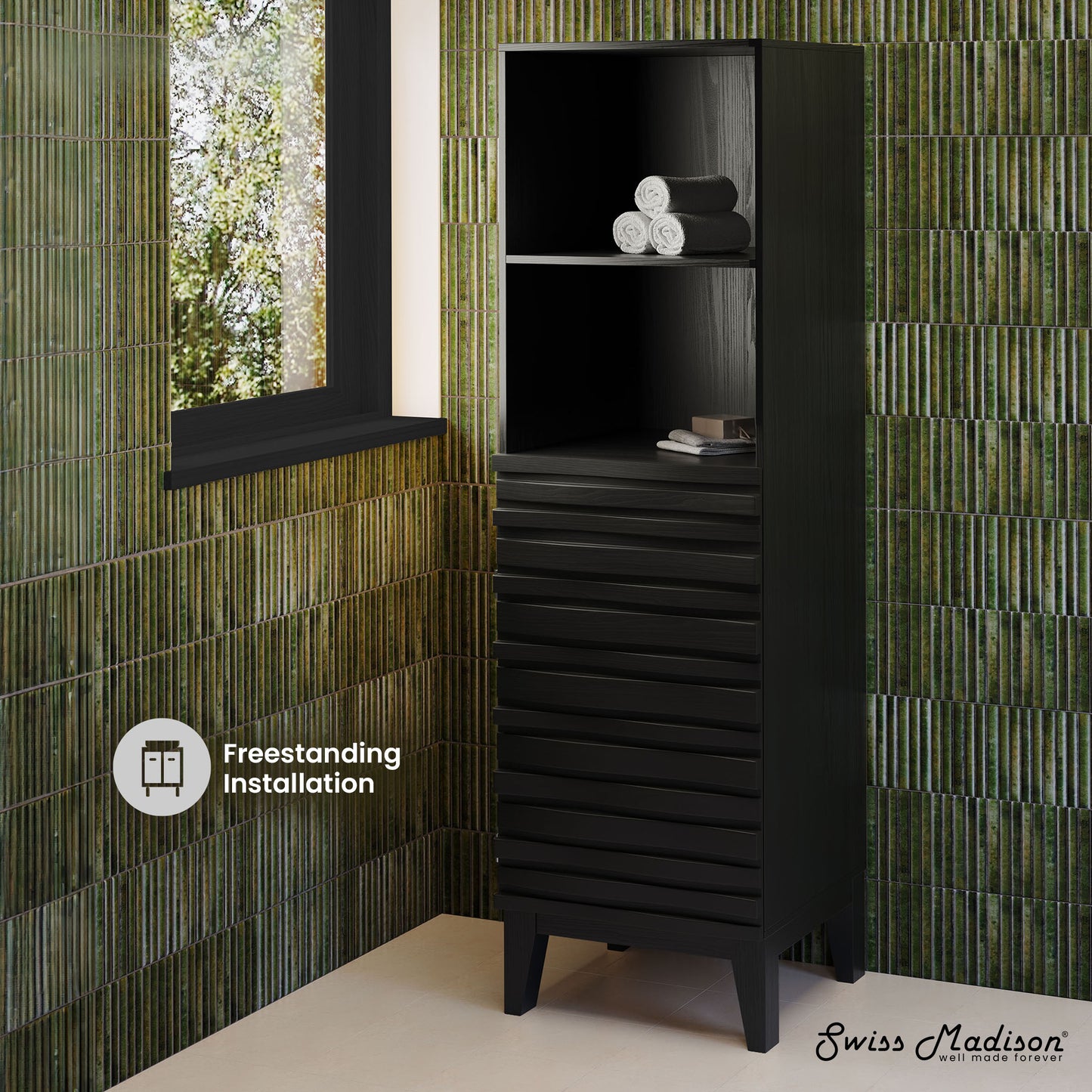 Swiss Madison, Cascade 17 x 17 x 60 Freestanding Linen Cabinet in Black Oak