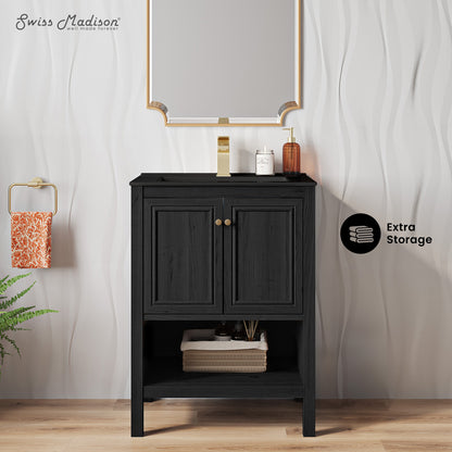 Swiss Madison, Chateau 24" Freestanding Bathroom Vanity in Black Oak with Black Sink Top