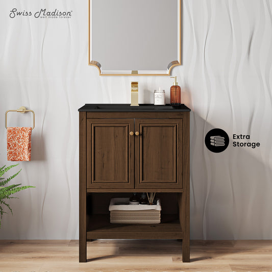 Swiss Madison, Chateau 24" Freestanding Bathroom Vanity in Brown Oak with Black Sink Top